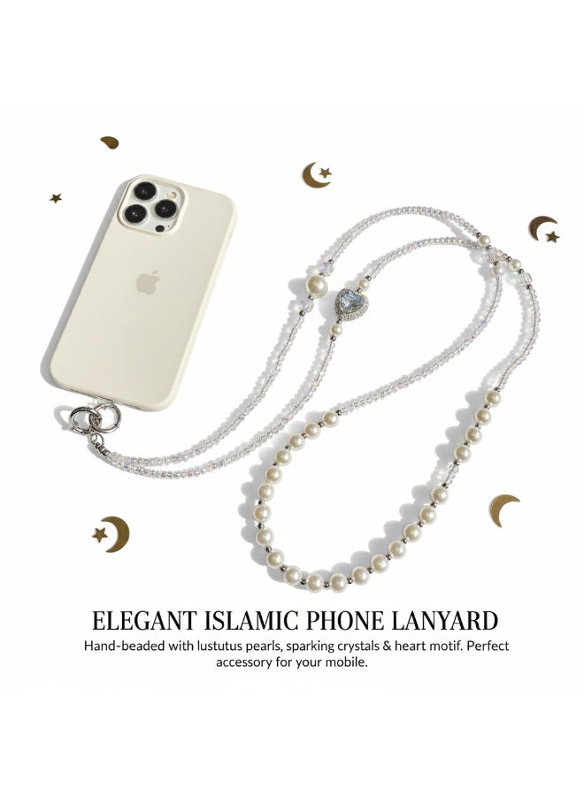 White Pearl Crystal Heart Resin Phone Crossbody Chain - Sparkling Diamond Lanyard, Hands-Free, Luxury Texture for Women